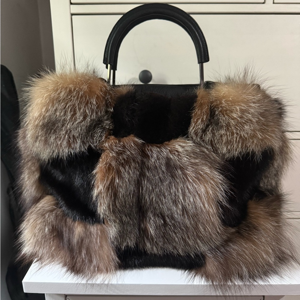 Real Fox fur and mink fur luxury satchel NEW